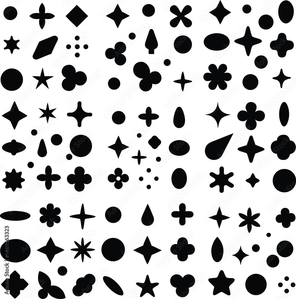 Fototapeta premium Abstract Black Blob Shapes & Sparkle Icons Collection, Silhouette Shapes Collection