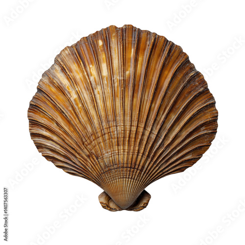 Natural scallop seashell with textured brown and white patterns, isolated on transparent background, perfect for decoration or beach themes