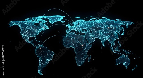 Generative AI, 3D illustration style. A digital map showing global market connections from New York, London, Tokyo across a globe with glowing lines. 