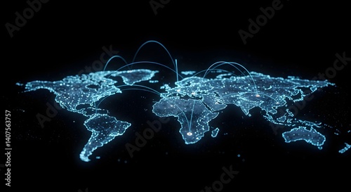 Generative AI, 3D illustration style. A digital map showing global market connections from New York, London, Tokyo across a globe with glowing lines. 