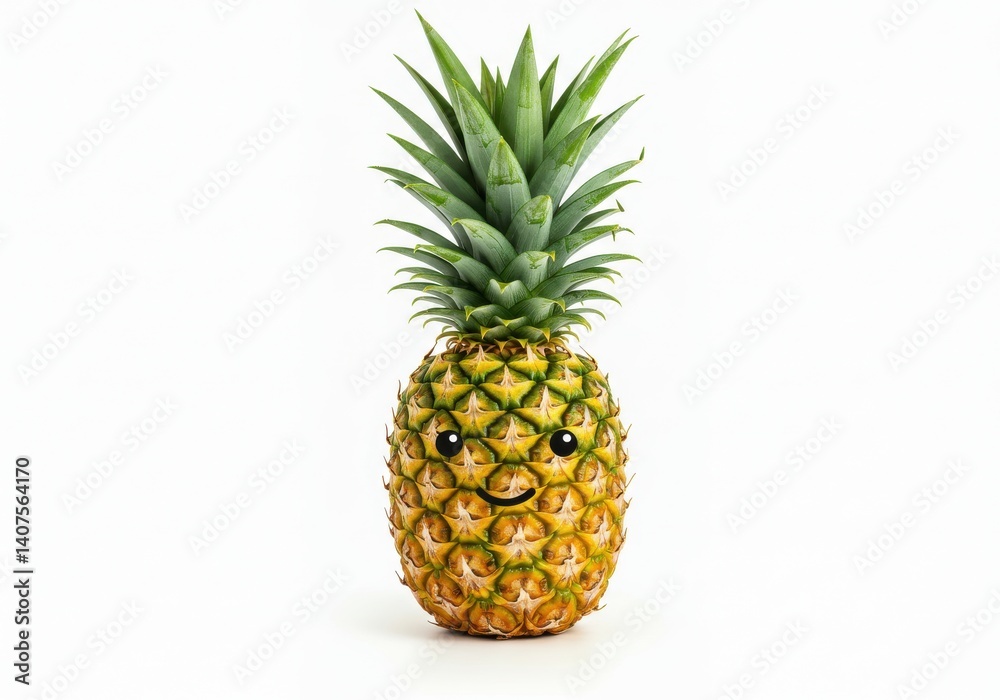 A pineapple with googly eyes and a smile on a white background in a studio shot for advertisement A pineapple with googly eyes and a smile on a white background in a studio shot for advertisement