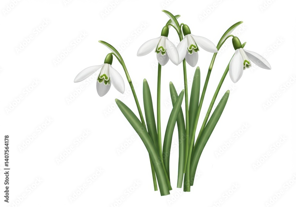 Illustration of five snowdrop flowers with green leaves on a white background isolated image art work Illustration of five snowdrop flowers with green leaves on a white background isolated image art work