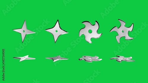 collection of spinning Ninja Shuriken blade Japanese weapon, throwing stars isolated on green screen background
