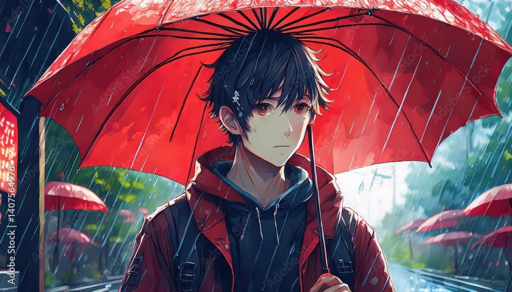 Melancholic Anime Man Braving the Storm Under a Crimson Umbrella, Capturing the Melodramatic Mood of a Rainy Japanese Cityscape