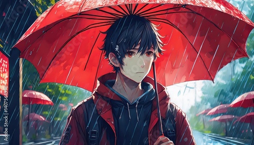 Obraz na płótnie Melancholic Anime Man Braving the Storm Under a Crimson Umbrella, Capturing the Melodramatic Mood of a Rainy Japanese Cityscape w salonie