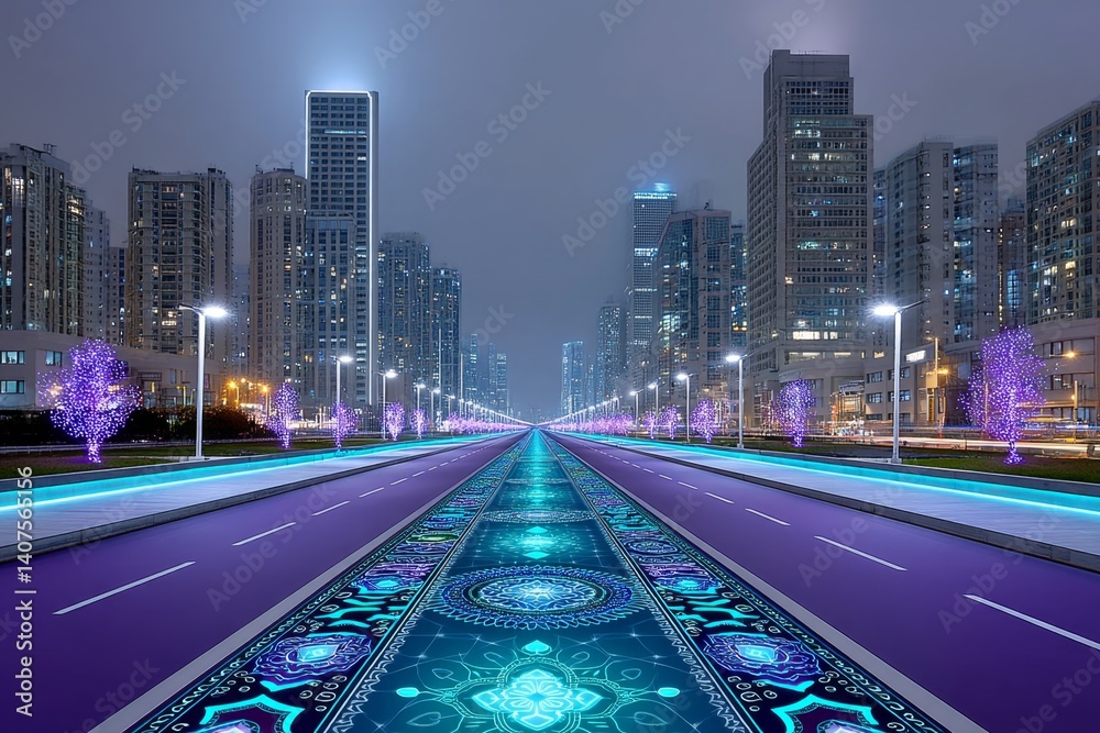 Fototapeta premium Cyberpunk-style Diwali with neon rangoli and electric diyas in a futuristic city