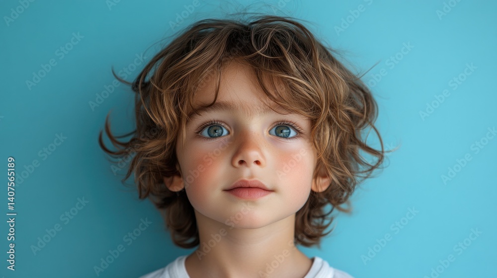 Curly-haired child with blue eyes against a blue backdrop Curly-haired child with blue eyes against a blue backdrop