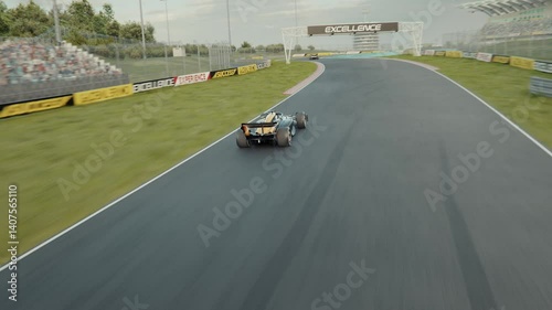 Wallpaper Mural Drone shot following the leading race car. Generic formula one race cars driving along the track. Dynamic drone shot. 3d animation rendering. New 2025 black and gold race car design Torontodigital.ca