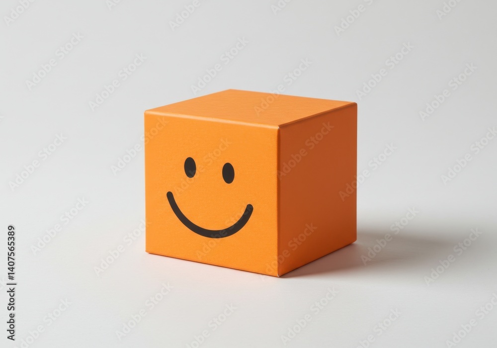 Obraz premium A close up of an orange cube with a smiley face on it against a white background in a studio setting