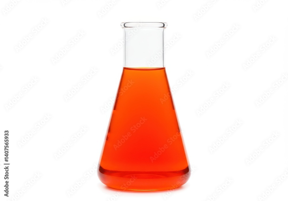 A clear erlenmeyer flask filled with a vibrant orange liquid sitting on a white background space view A clear erlenmeyer flask filled with a vibrant orange liquid sitting on a white background space view