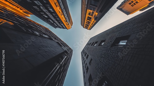 Stunning Low Angle View of Modern Skyscrapers Against a Clear Blue Sky : Generative AI