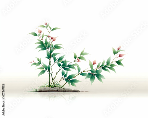 Delicate green plant with small pink blossoms, rendered in a painterly style against a white background
