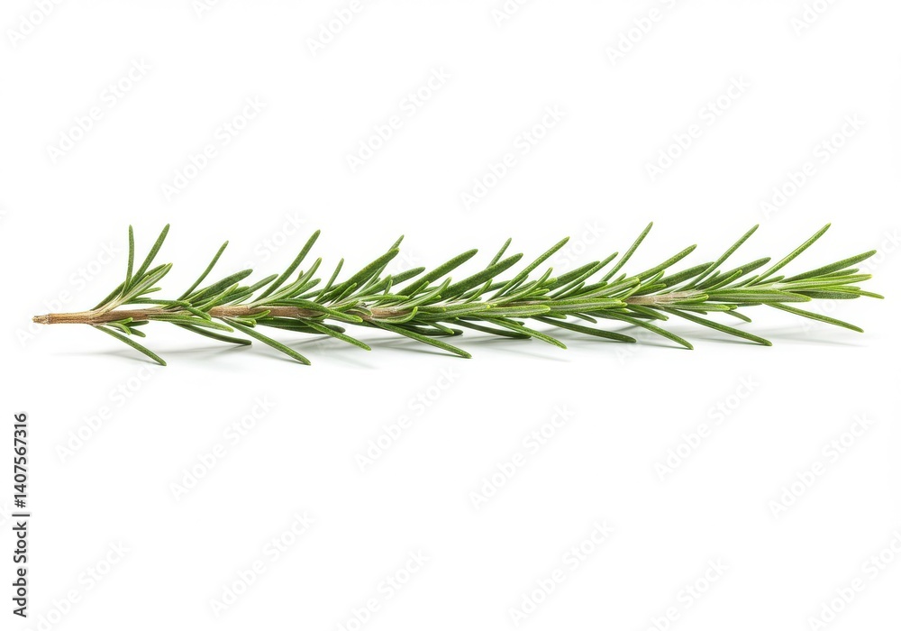 A single sprig of rosemary lying horizontally on a white surface in a studio setting, close up view A single sprig of rosemary lying horizontally on a white surface in a studio setting, close up view