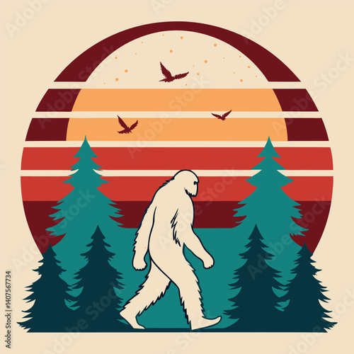 Bigfoot Walking in Forest Retro Sunset with Birds T-Shirt.