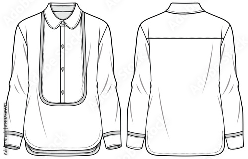 Women's bib Shirt Blouse flat sketch fashion illustration drawing front and back view, Long sleeve Curved hem tuxedo shirt cad for girls and ladies template mock up