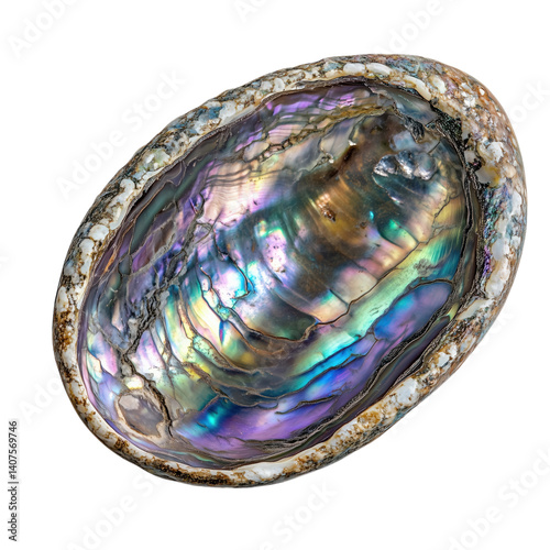 Glossy abalone shell with iridescent colors and smooth interior surface, isolated on transparent background, ideal for natural or oceanic design themes.