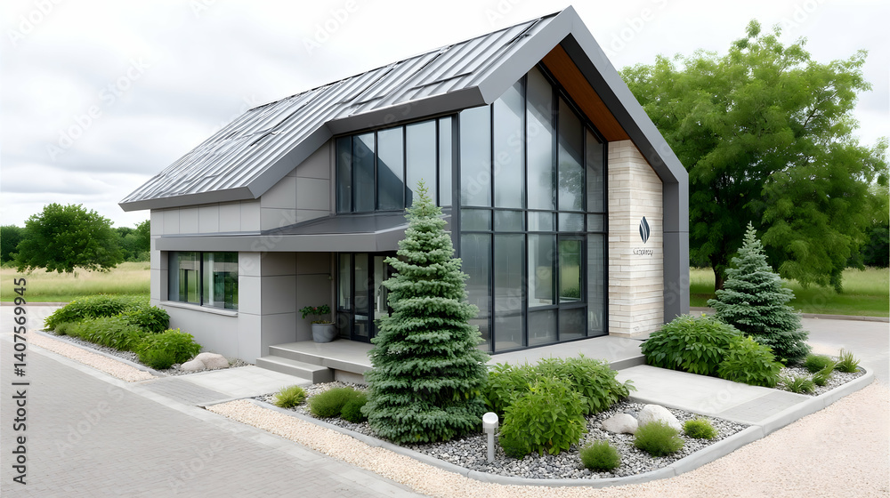 Modern gray house with large windows, metal roof, and landscaping Modern gray house with large windows, metal roof, and landscaping