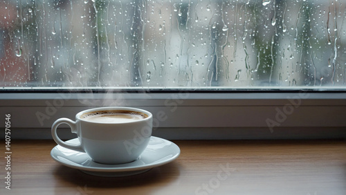 Cozy Comfort: A steaming cup of coffee sits on a wooden windowsill, with raindrops streaking down the glass, evokes feelings of warmth and tranquility in a rainy day.
