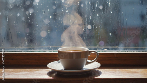 Cozy Raindrop Moment: A warm cup of beverage, steam rising gently from its surface, sits on a saucer before a rain-streaked window, creating a moment of peaceful introspection.