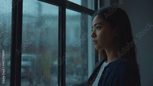 Contemplation by the Window: A solitary woman gazes out a window, framed by the somber backdrop of rain-streaked glass, reflecting on introspective thoughts and inner tranquility. 