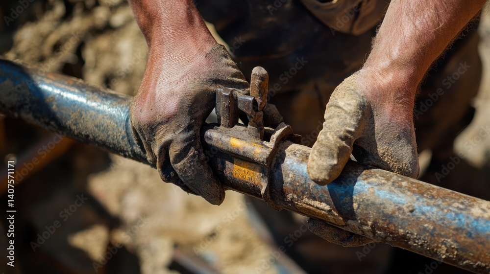 Plumber tightening pipes at a construction site. Featuring skill and precision Plumber tightening pipes at a construction site. Featuring skill and precision