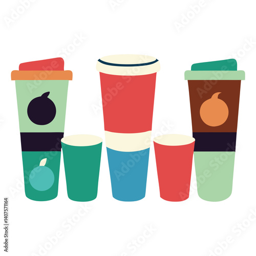 A cheerful collection of colorful takeaway drinks showcasing a vibrant cafe's summer menu with bold graphic designs and a minimalist white background.