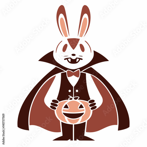 A charming vampire bunny rabbit joyfully clutches a smiling jack-o'-lantern on Halloween night, depicted in a stylized, minimalist brown and white palette.