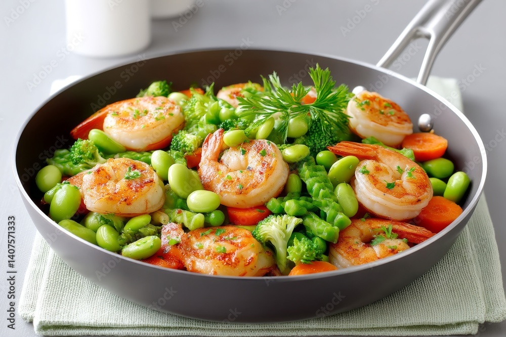 Pan of sizzling shrimp stir-fry with edamame and vegetables