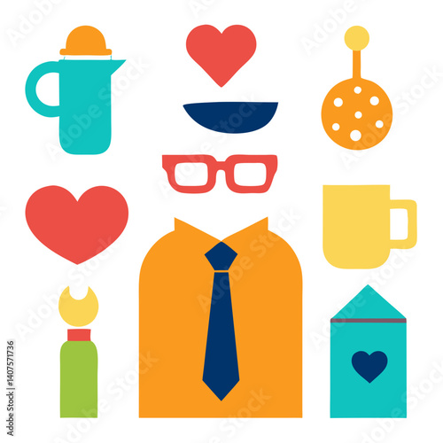 A stylishly dressed man, symbolized by a vibrant orange shirt and navy tie, surrounded by icons of love, coffee, and thoughtful gifts, depicted in a bold, flat design with solid colors.