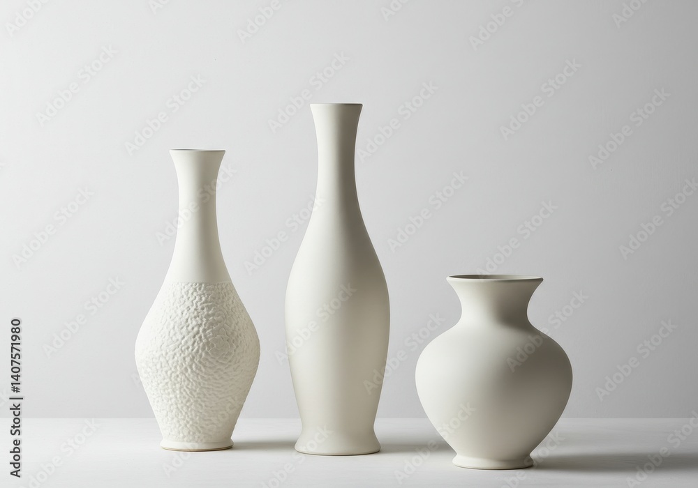 A still life of three white vases of varying shapes and sizes against a white background in a studio A still life of three white vases of varying shapes and sizes against a white background in a studio
