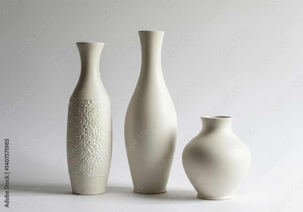Three white ceramic vases of different shapes arranged together on a white background surface studio shot Three white ceramic vases of different shapes arranged together on a white background surface studio shot