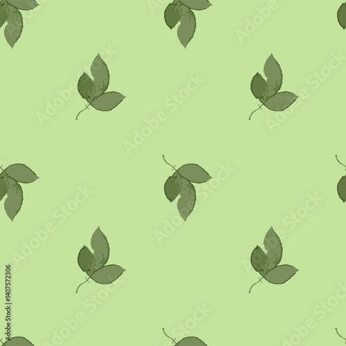 Seamless pattern with dry herbarium leaves on green background. Cottagecore foliage wallpaper. Boho botanical texture. Ecological and natural design.
