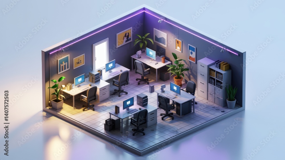 Fototapeta premium A modern office space featuring desks, computers, plants, and stylish decor, highlighted by ambient lighting and a clean layout.