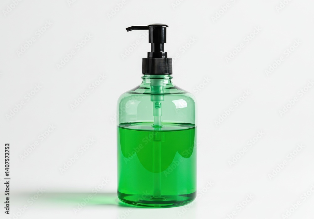 A green liquid soap in a transparent bottle with a black pump on a plain white background studio shot A green liquid soap in a transparent bottle with a black pump on a plain white background studio shot