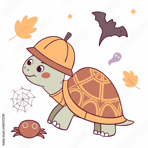 A charming turtle in a pumpkin hat enjoys a spooky autumn stroll amidst falling leaves, friendly ghosts, and a playful bat, all in a whimsical, cartoonish style.