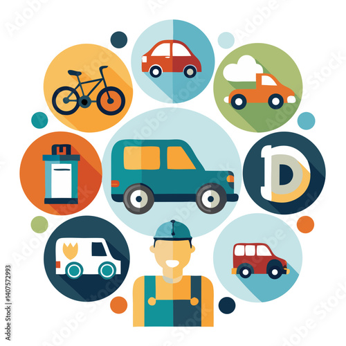 A cheerful delivery driver surrounded by various vehicles and transportation modes, symbolizing diverse delivery options in a vibrant, flat design style.