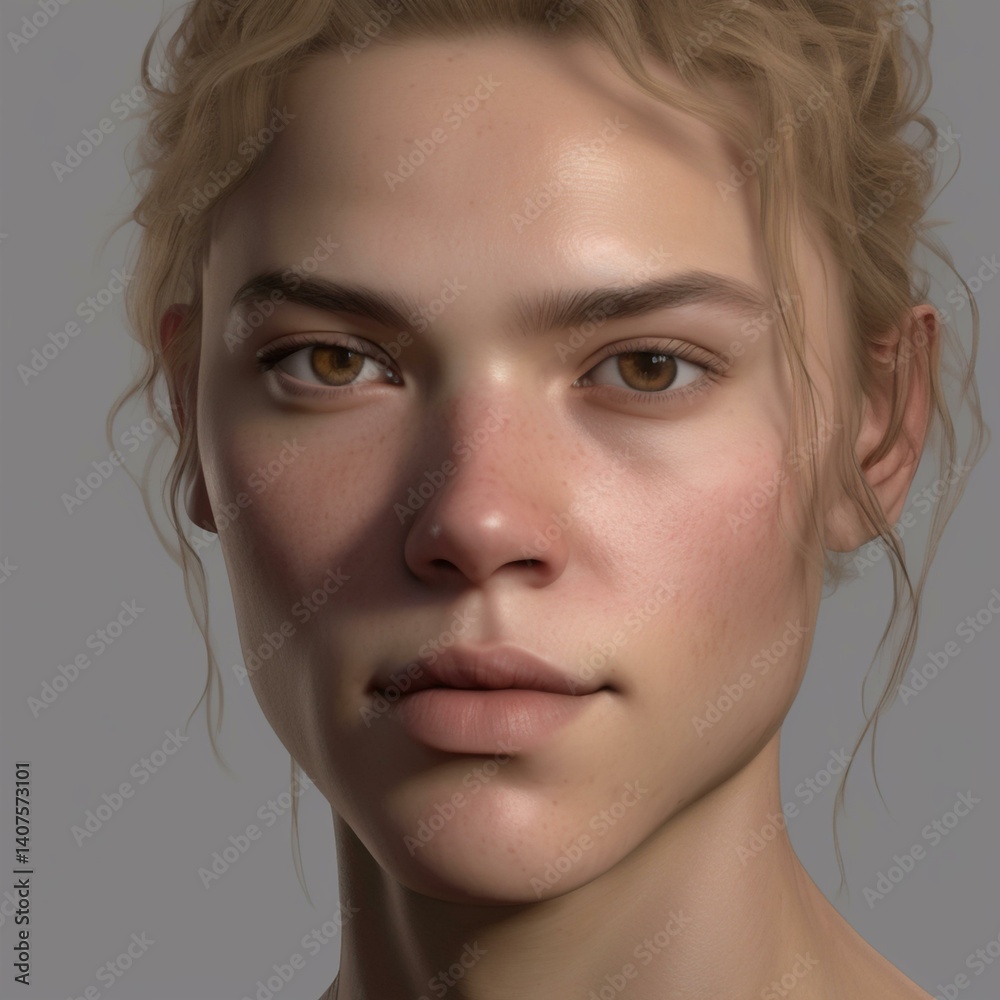 Fototapeta premium A highly detailed, hyper-realistic close-up portrait of an AI-generated human face. This digital artwork features lifelike skin textures, expressive eyes, and natural lighting.