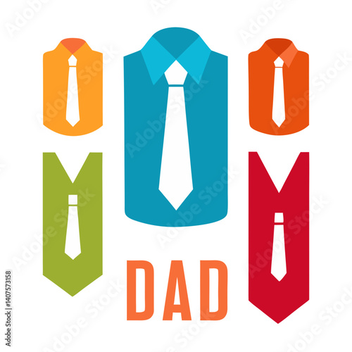 A colorful tribute to dads, showcasing shirts and ties in a vibrant, joyful design with bold, flat colors and a simple "DAD" message.