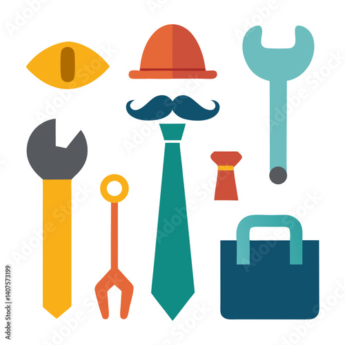 A dapper gentleman's tools and attire, a whimsical collection of a bowler hat, mustache, tie, briefcase, and wrenches, in a bold, flat design style.