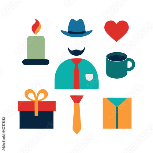 A heartfelt Father's Day tribute featuring a stylish dad icon, a gift, coffee, and candle, in a vibrant flat design.