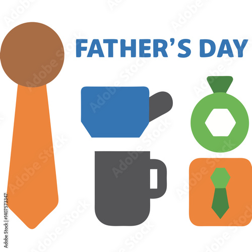 A heartwarming Father's Day tribute featuring a tie, coffee mug, and gift, showcasing simple flat design elements in bold colors.