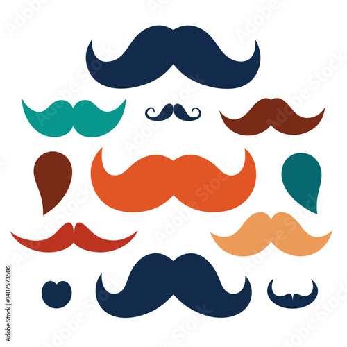 A playful collection of colorful mustaches in various styles and sizes, a vibrant celebration of facial hair fashion with bold flat designs and a clean white background.