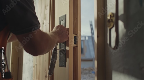 Construction worker fitting door frame in a building. Featuring attention to detail and craftsmanship