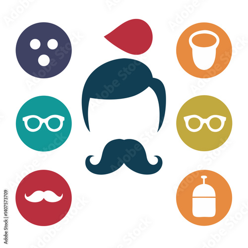 A stylish gentleman's accessories: a bold mustache, classic glasses, and a sophisticated hair style, all displayed with a playful, retro color palette.