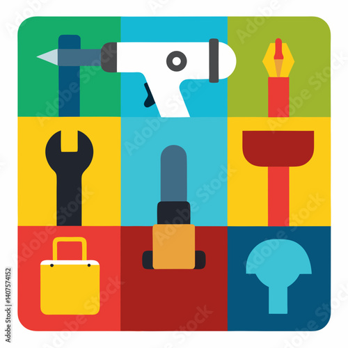 A vibrant collection of tools celebrating creativity and craftsmanship, showcasing a playful design with bold colors and simple shapes.