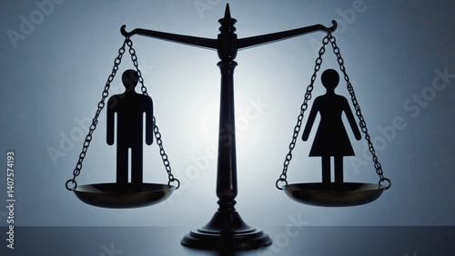 Equality Scale: A balanced scale of justice, illustrating the concept of equality, with silhouettes of male and female figures, representing fairness and equal rights.