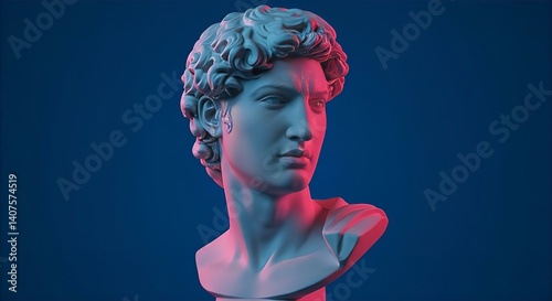 Classical Bust Sculpture: David Statue Head in Blue and Pink Lighting - Fine Art Photography
