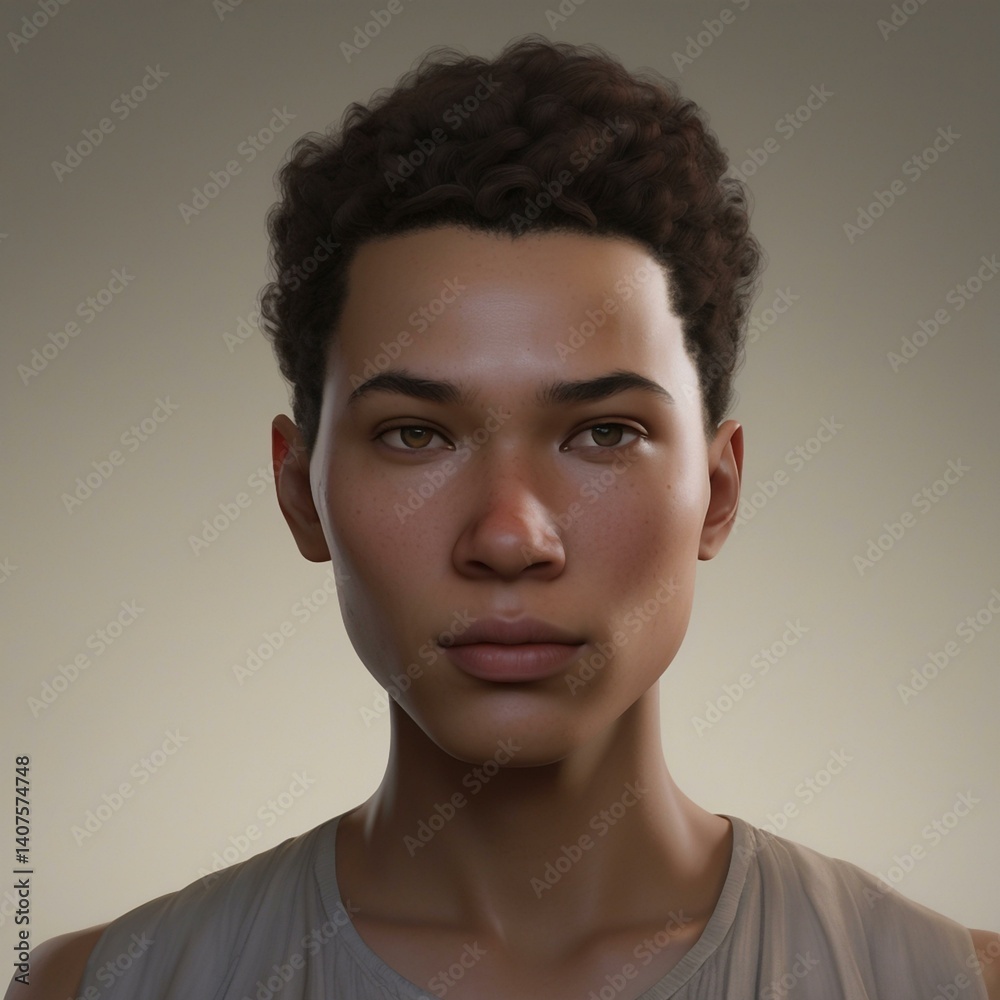 Obraz premium A highly detailed, hyper-realistic close-up portrait of an AI-generated human face. This digital artwork features lifelike skin textures, expressive eyes, and natural lighting.