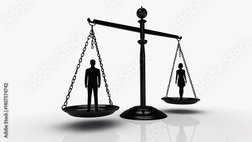 Equality on the Scales: A conceptual, minimalist illustration depicting gender equality using a classic balance scale. A man and a woman stand in opposite pans, showcasing balance and equal weighting.