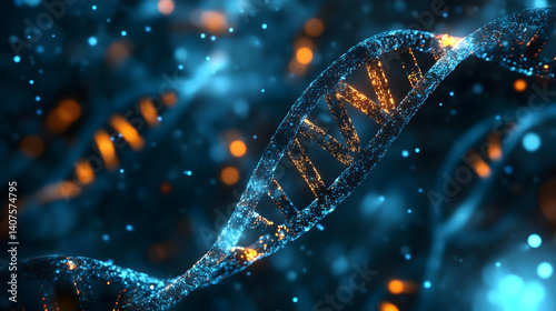 The luminous secrets of DNA, a mesmerizing dance of life's code in deep blue and fiery orange hues.